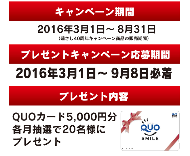 キャンペーン期間：2016年3月1日～8月31日、プレゼントキャンペーン応募期間：2016年3月1日～9月8日必着、プレゼント内容：QUOカード5,000円分各月20名様にプレゼント